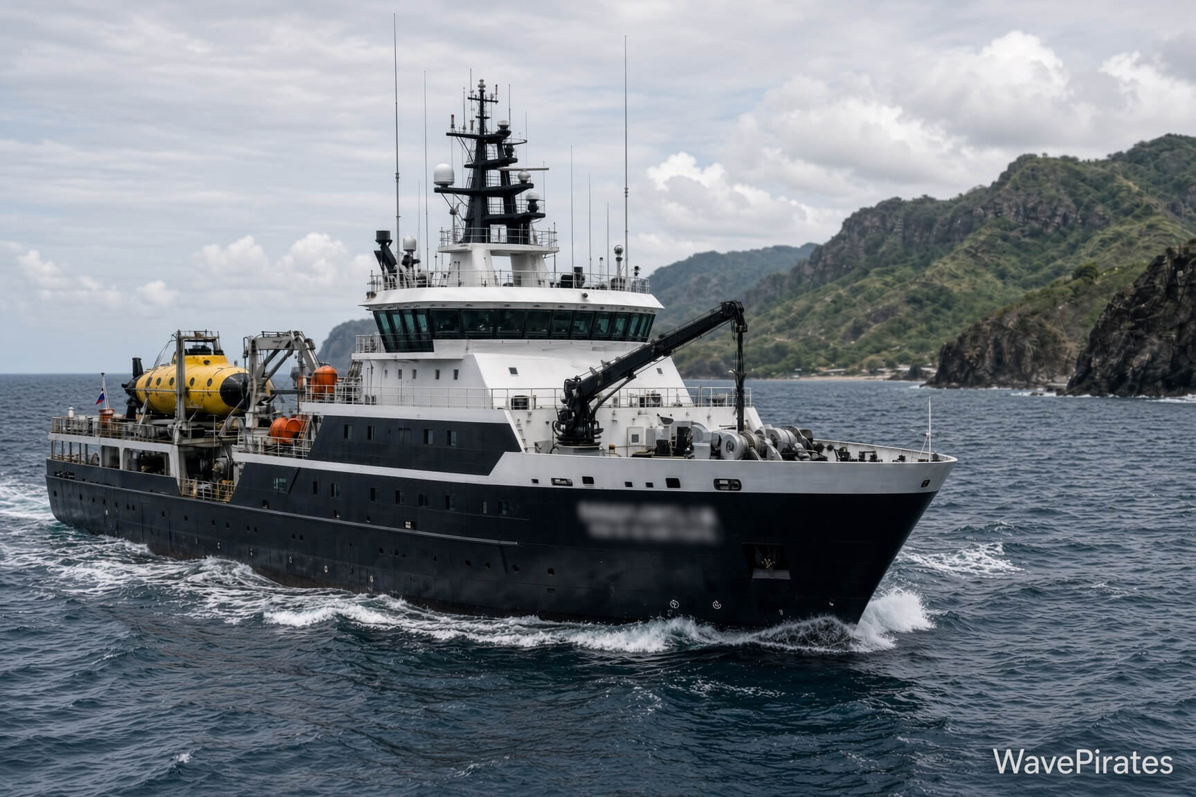 Specialist offshore support vessel with deck crane and submersible underway near a coastline