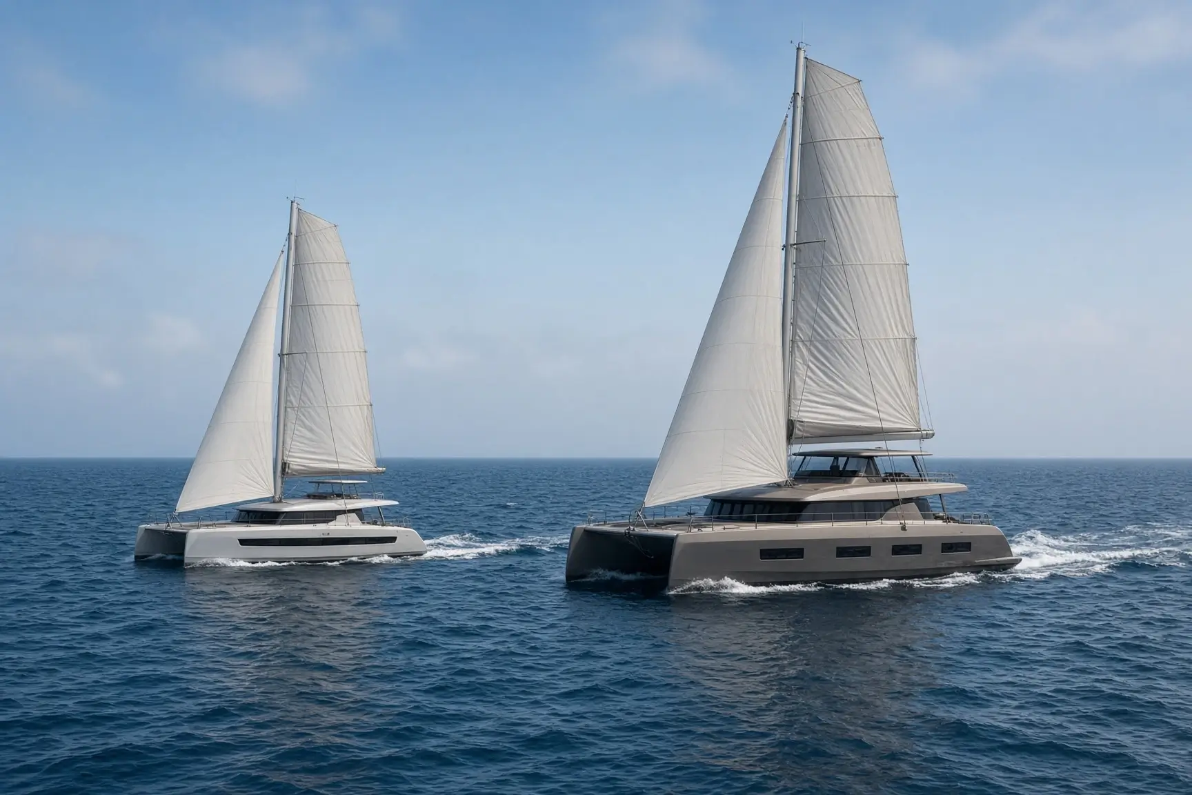 Fountaine Pajot Aura 51 Soleil and Sunreef 80 sailing catamarans on a professional yacht delivery passage