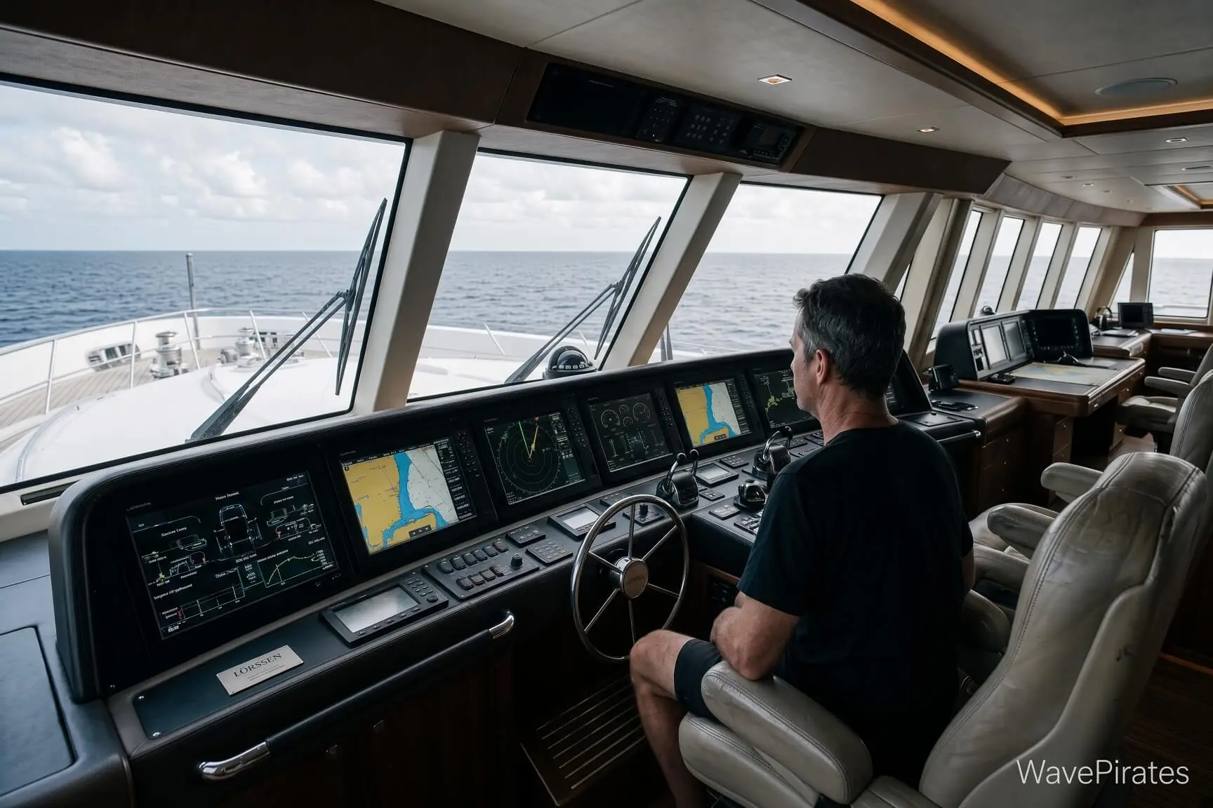 Professional yacht delivery captain at the bridge console during an ocean passage