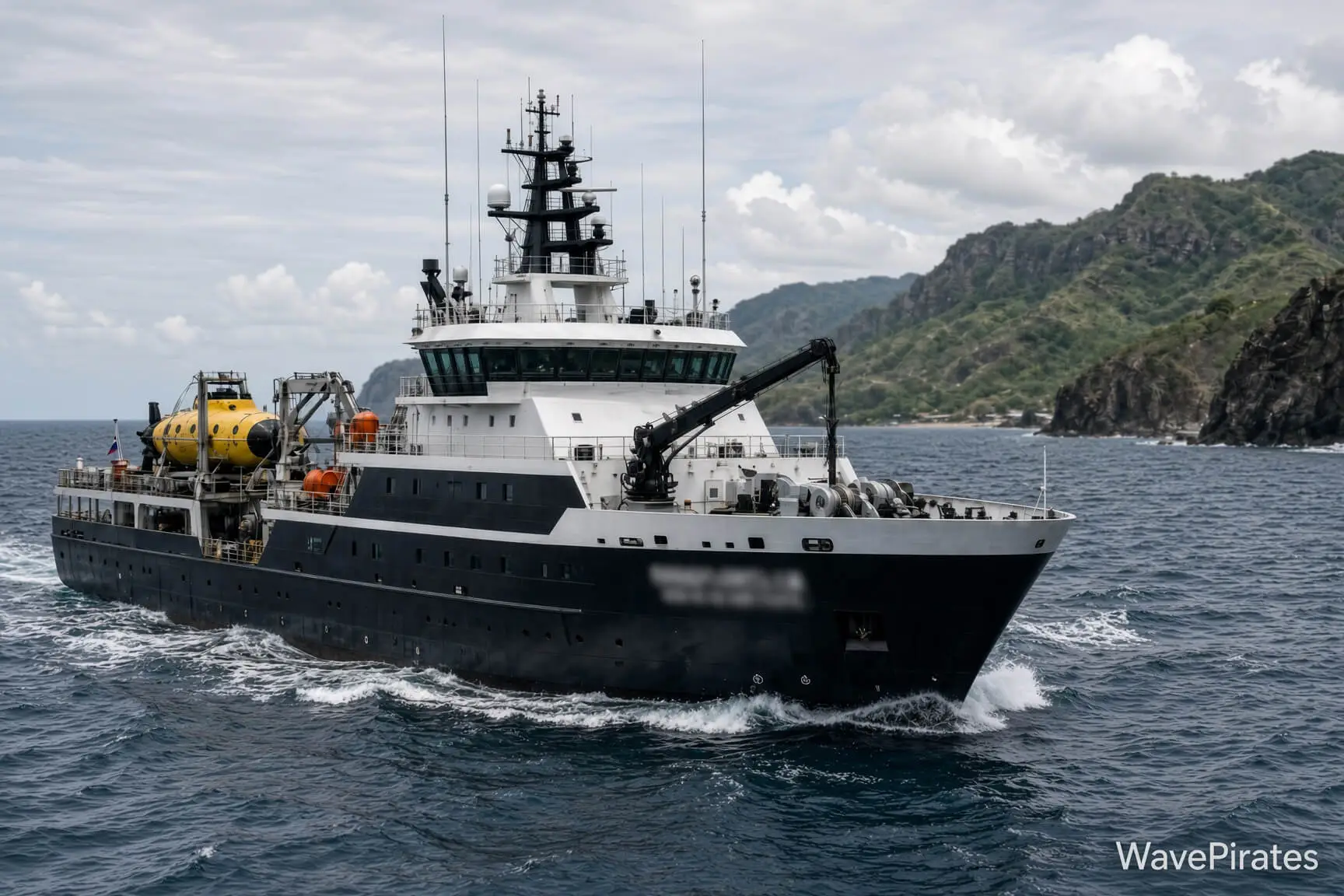 Expedition support vessel underway on a remote coastal passage