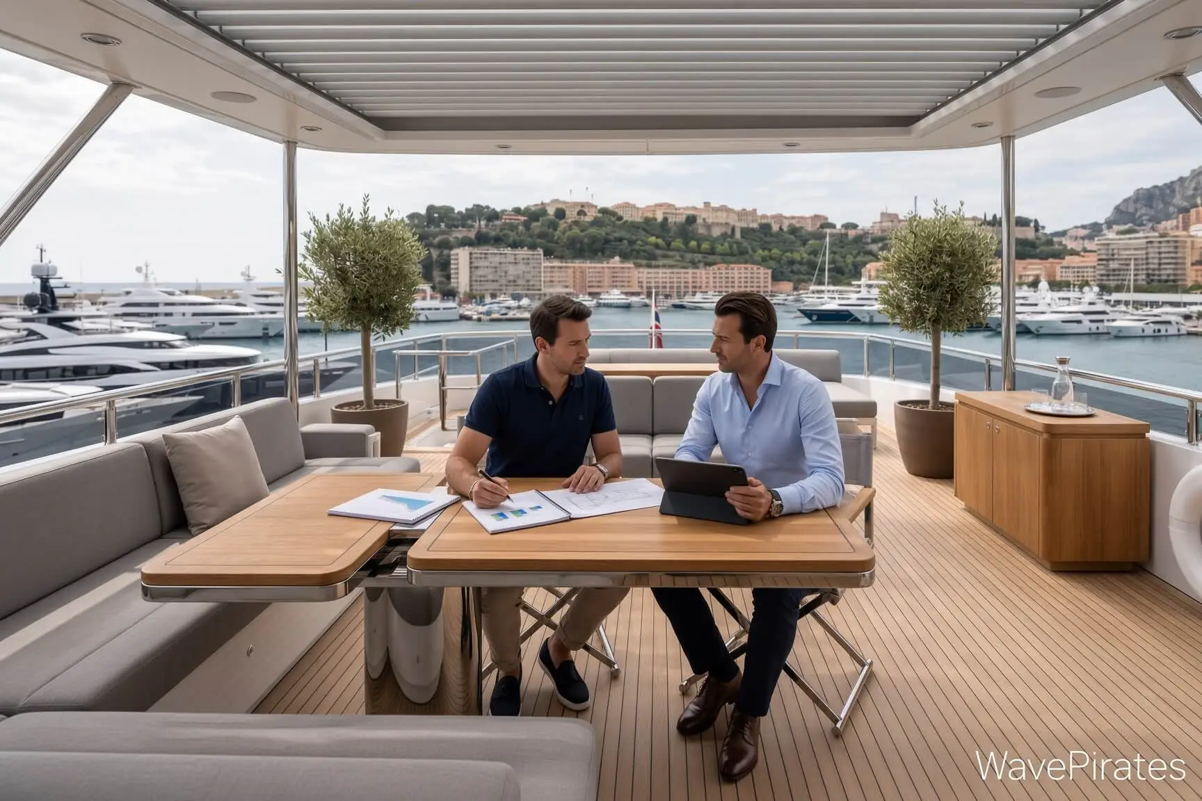 Two representatives reviewing vessel documents aboard a yacht in a marina