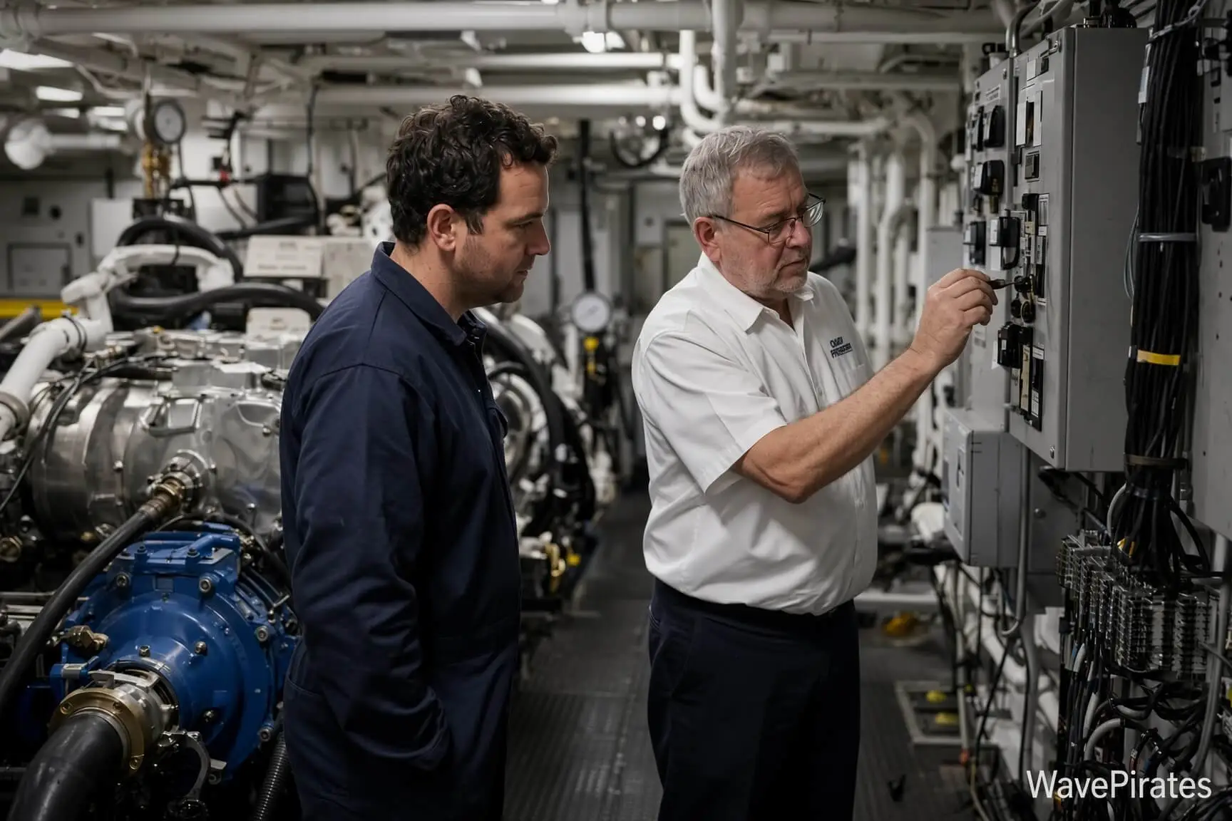 Two people inspecting an electrical control panel beside engine-room machinery