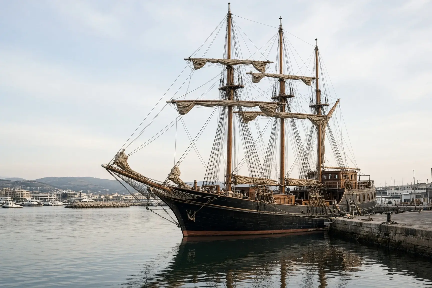 Three-masted sailing vessel moored alongside a harbour quay