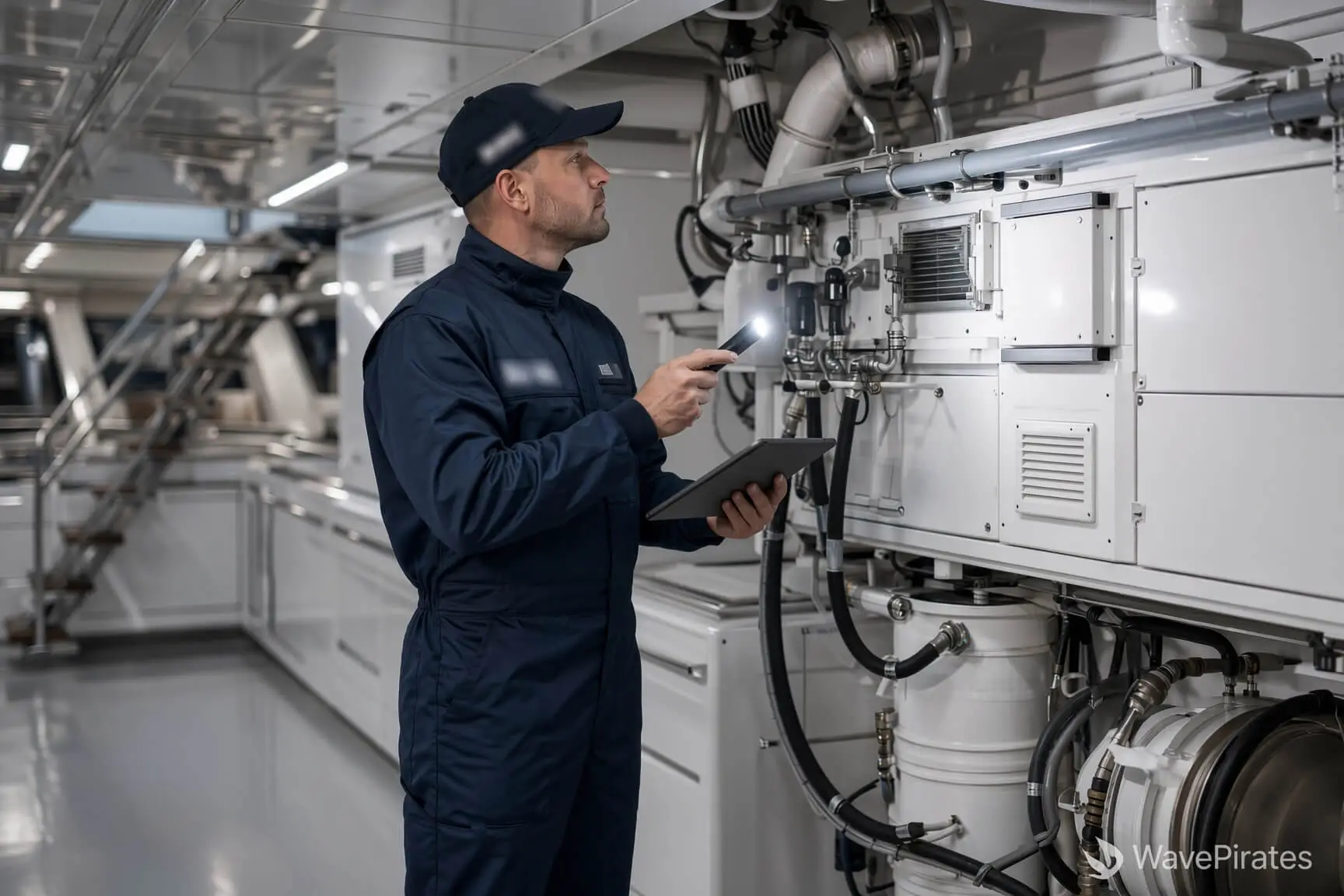 Inspector using a torch and tablet beside machinery and pipework in a vessel service space
